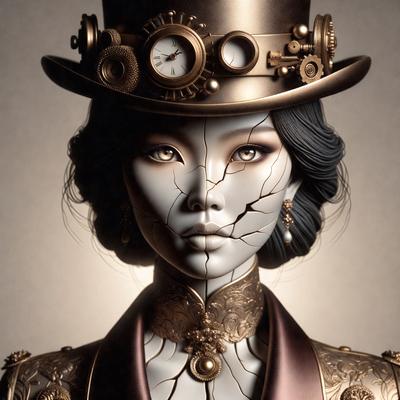 The primary subject of the image is a woman with a broken face, wearing a top hat and a gold necklace. The setting is a dark room, and the visual style appears to be a combination of digital art and illustration. The colors and mood of the image are quite dramatic, with the woman's face appearing cracked and damaged.